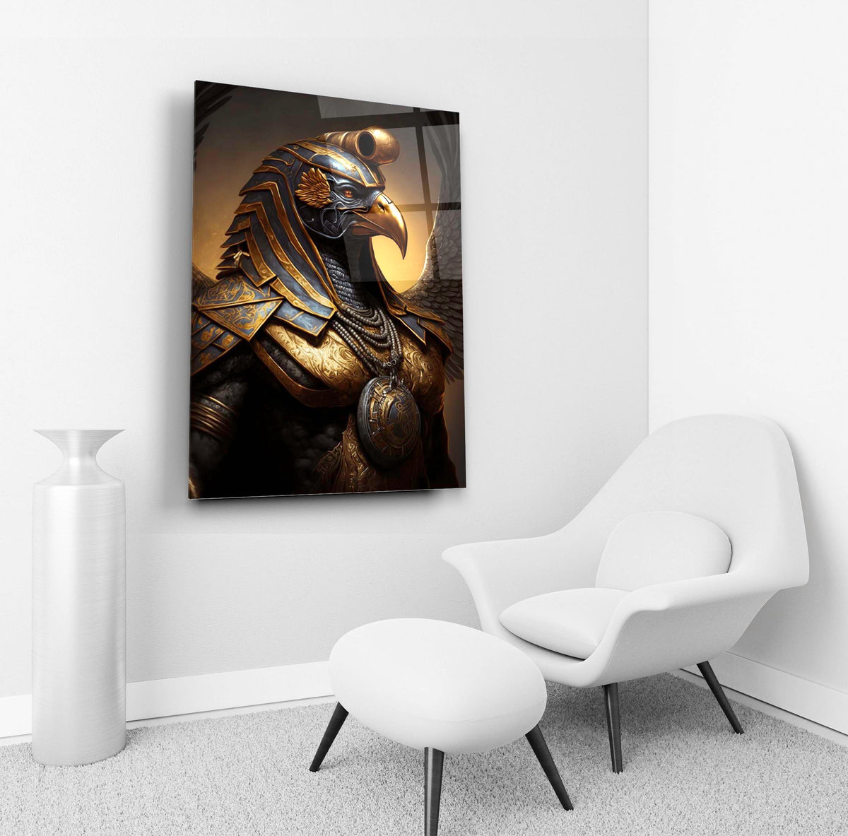 Horus Falcon God Golden Armor Glass Wall Art in a living room interior