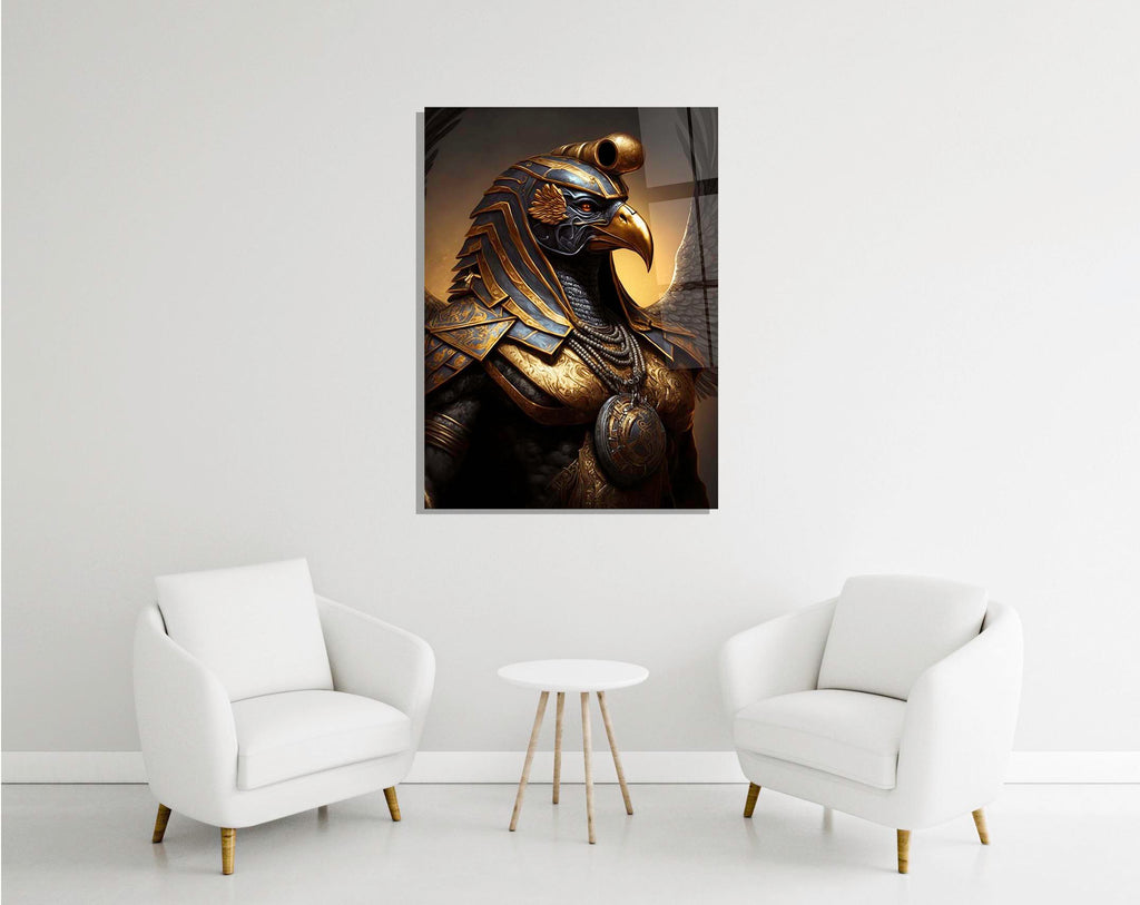 Horus Falcon God Golden Armor Glass Wall Art in a modern interior
