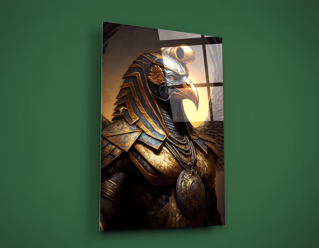 Horus Falcon God Golden Armor Glass Wall Art on the wall