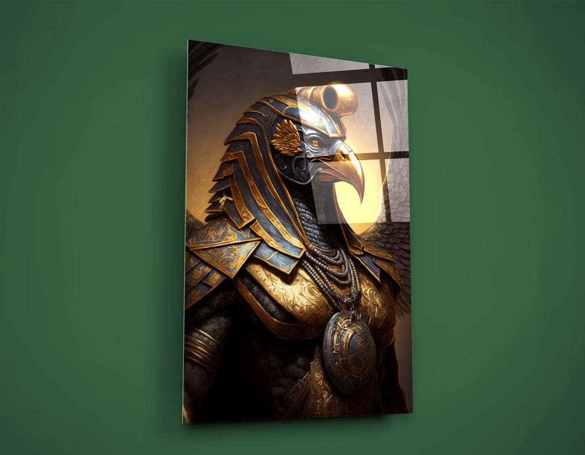 Horus Falcon God Golden Armor Glass Wall Art on the wall