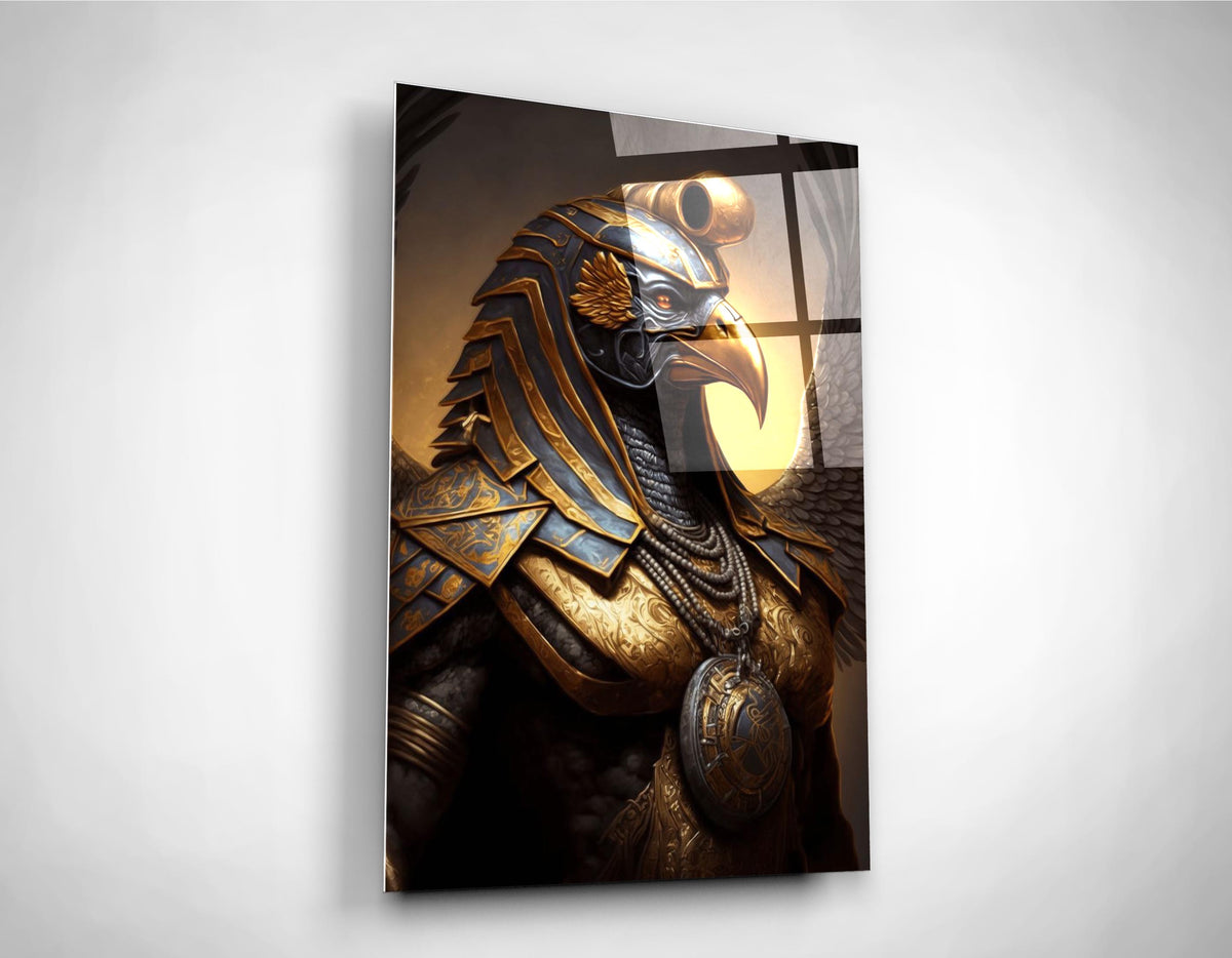 Horus Falcon God Golden Armor Glass Wall Art close-up