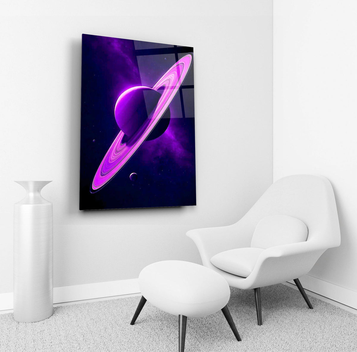 Purple Ringed Planet Glass Wall Art in a living room interior