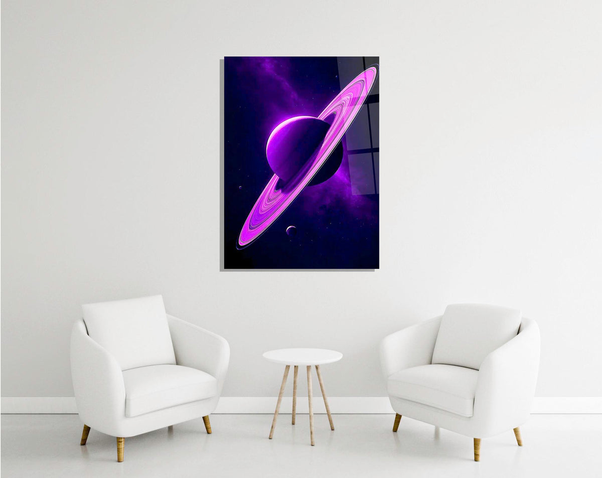 Purple Ringed Planet Glass Wall Art in a modern interior