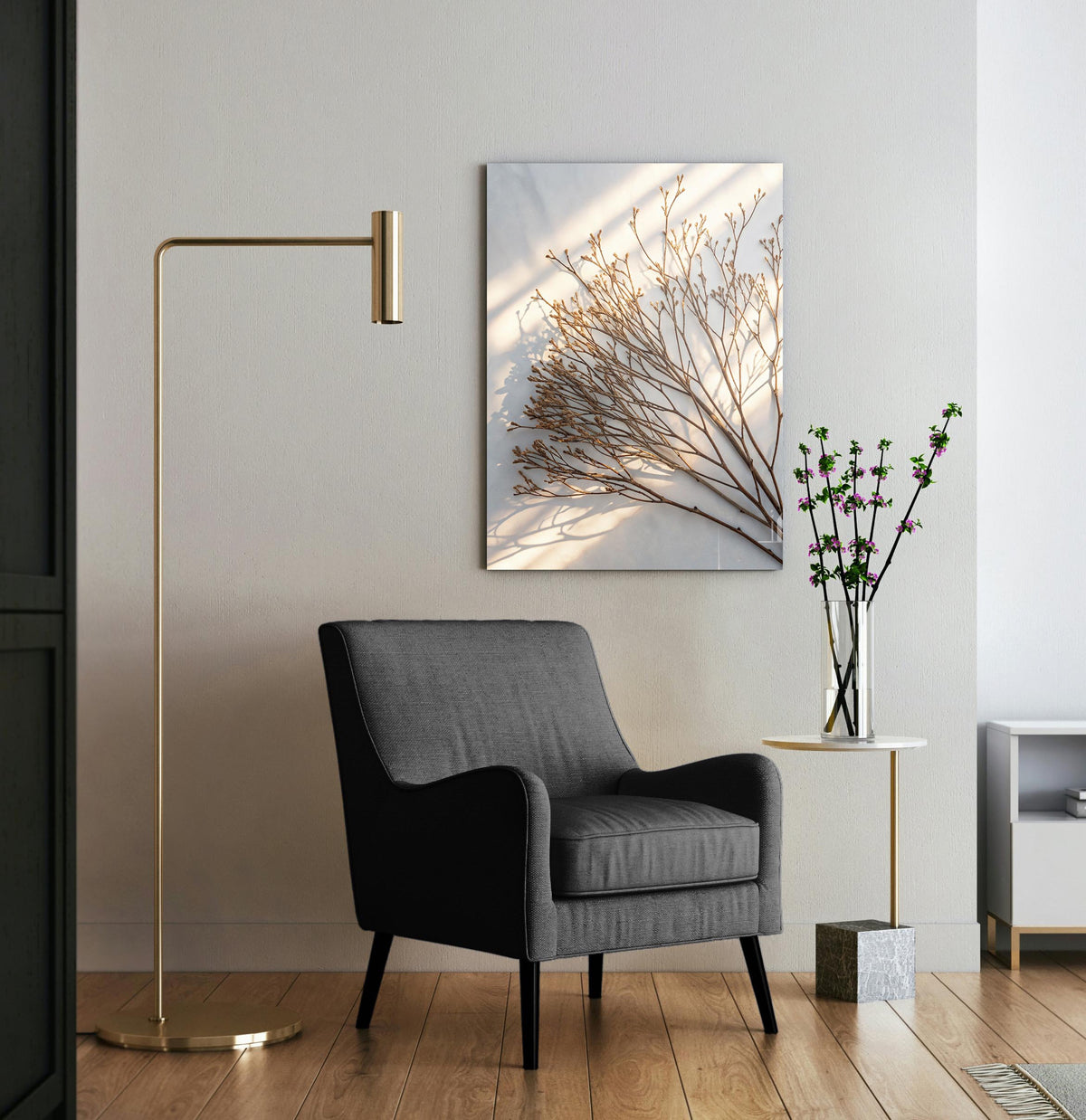 Dried Branch Shadow Minimalist Glass Wall Art in a modern interior