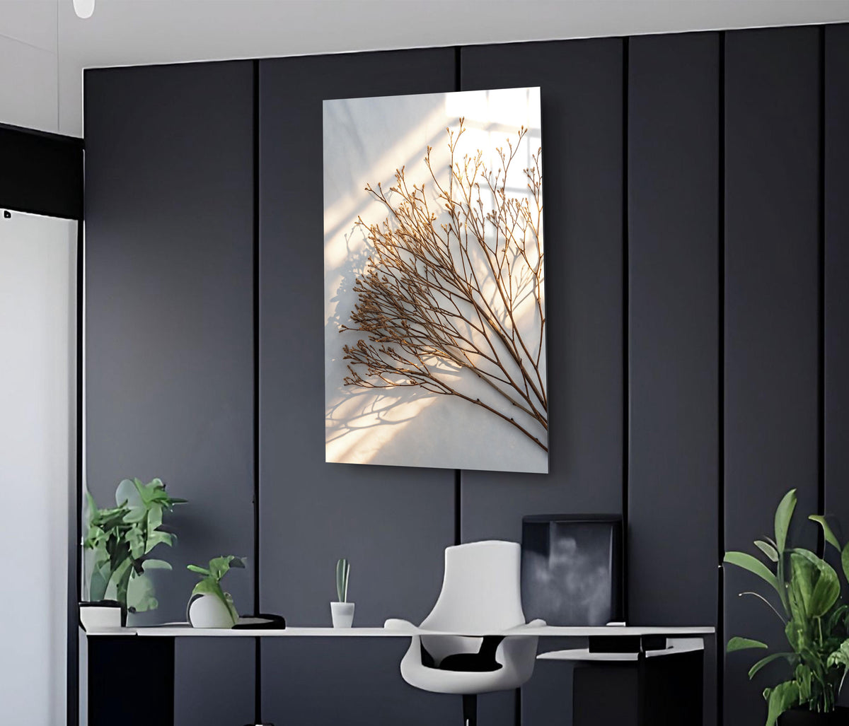 Dried Branch Shadow Minimalist Glass Wall Art on the wall