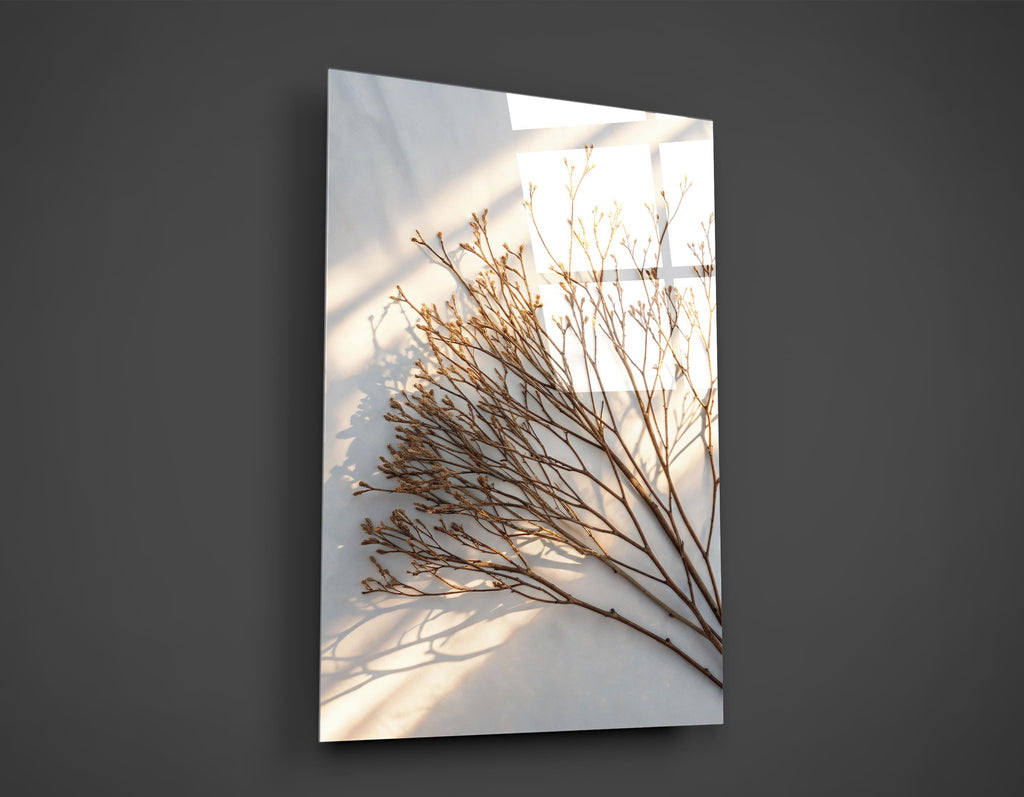 Dried Branch Shadow Minimalist Glass Wall Art close-up
