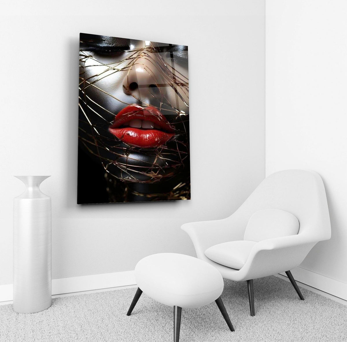 Red Lips and Golden Threads Glass Wall Art in a living room interior