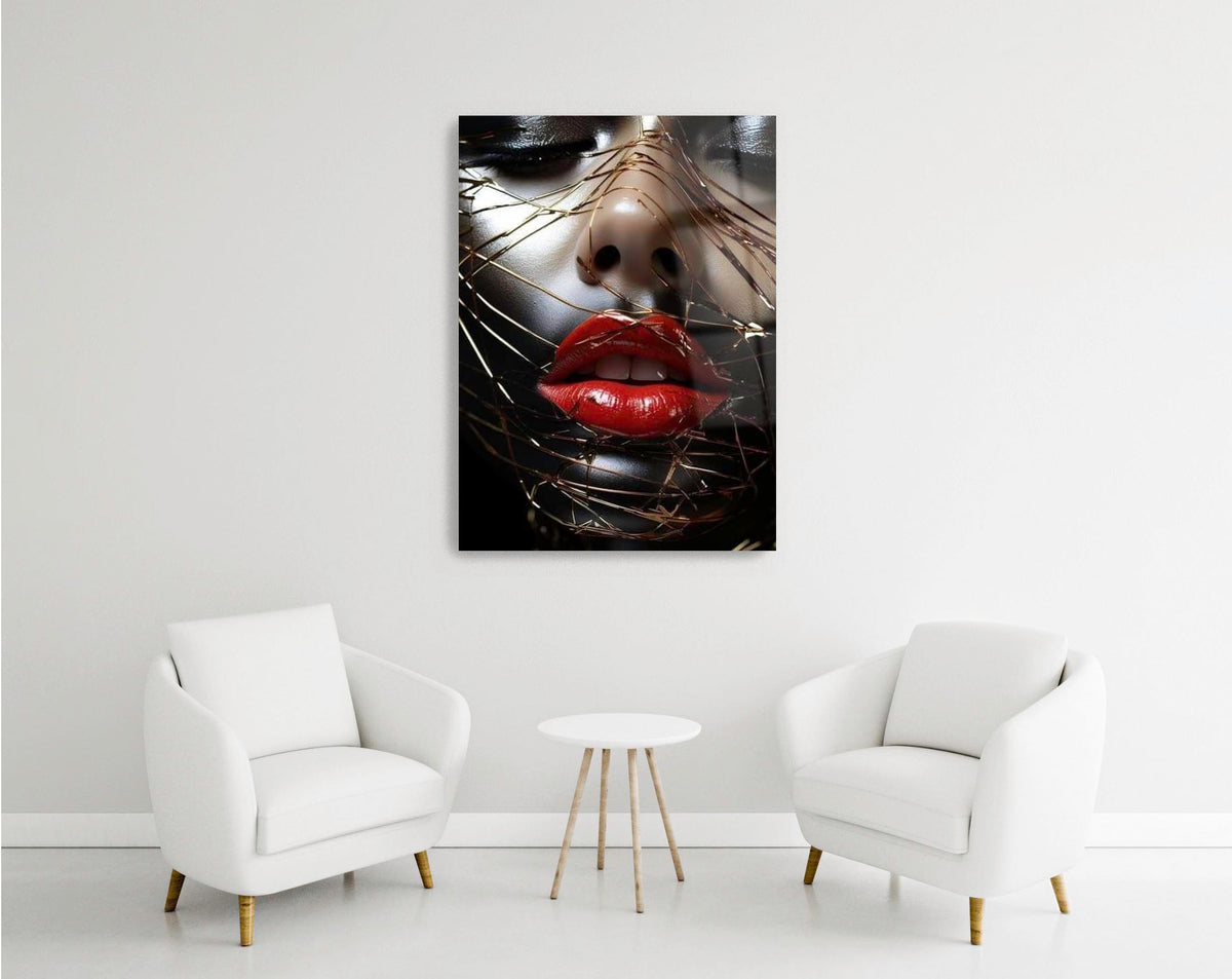Red Lips and Golden Threads Glass Wall Art in a modern interior