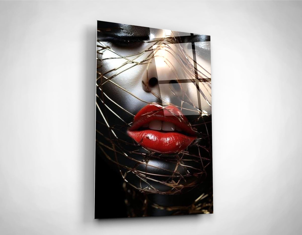 Red Lips and Golden Threads Glass Wall Art on the wall