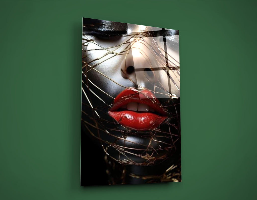 Red Lips and Golden Threads Glass Wall Art close-up