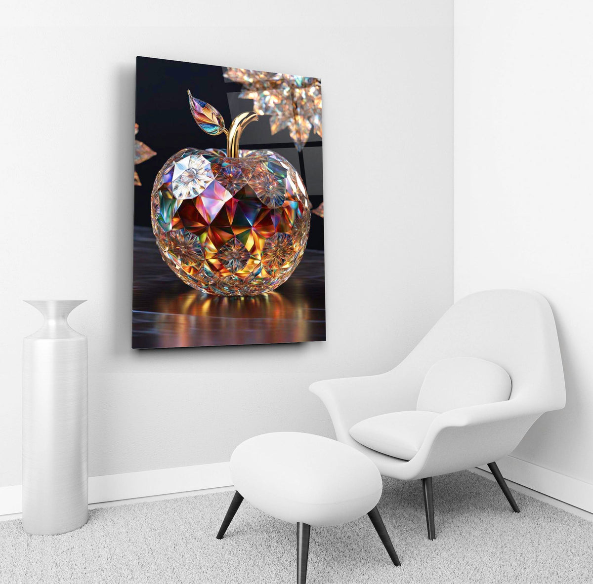 Rainbow Crystal Apple Glass Wall Art in a living room interior