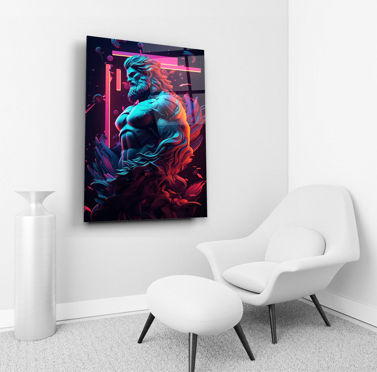 Neon Zeus Statue Glass Wall Art in a living room interior