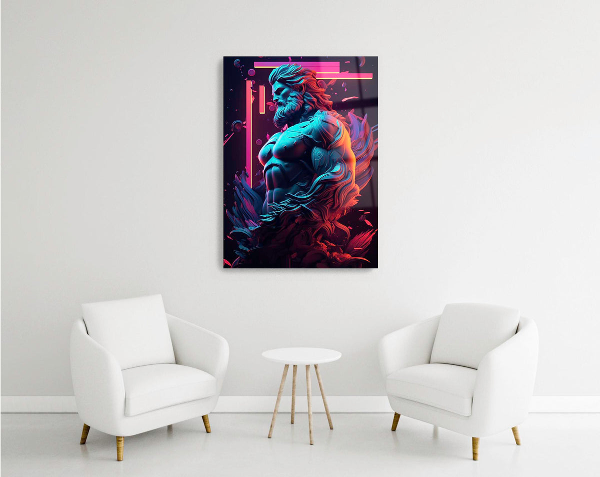 Neon Zeus Statue Glass Wall Art in a modern interior