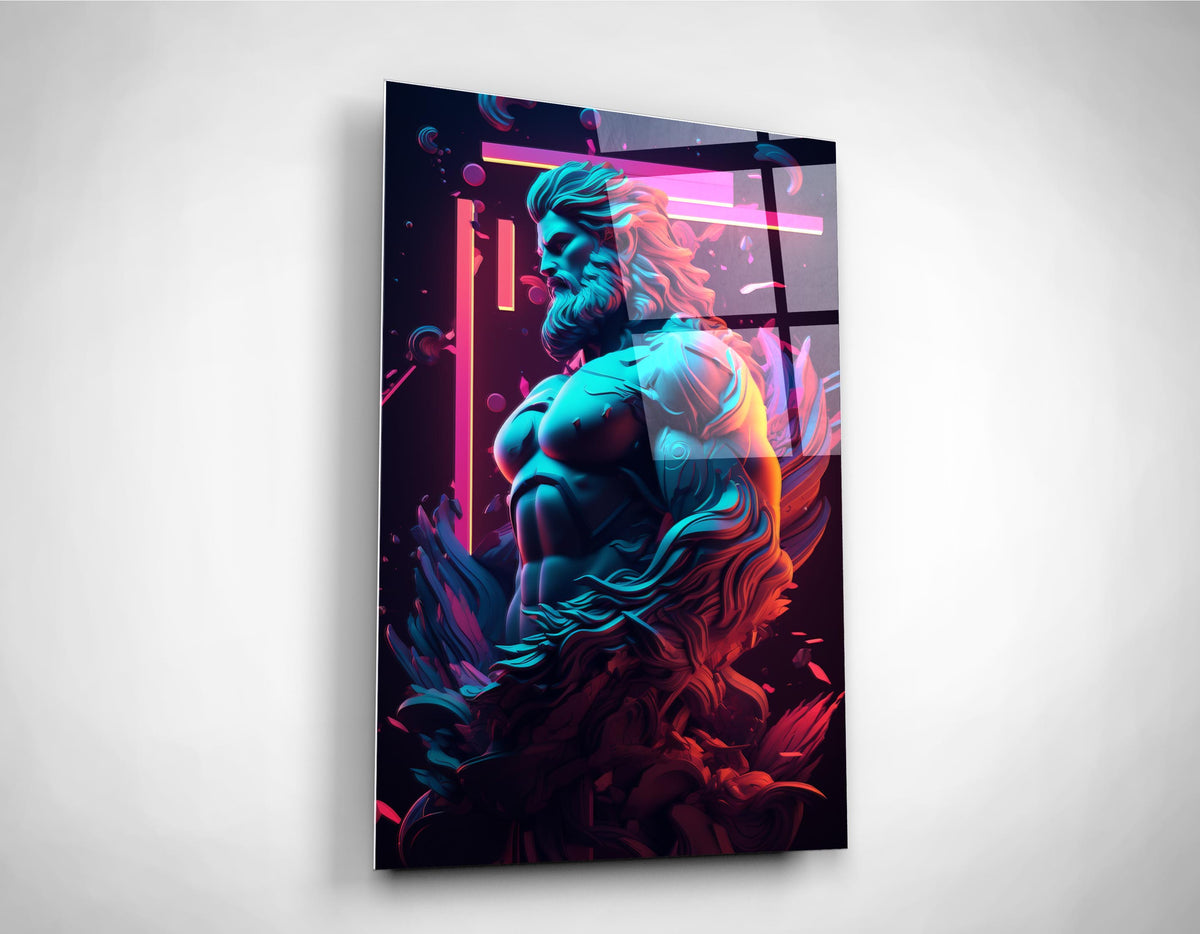 Neon Zeus Statue Glass Wall Art on the wall
