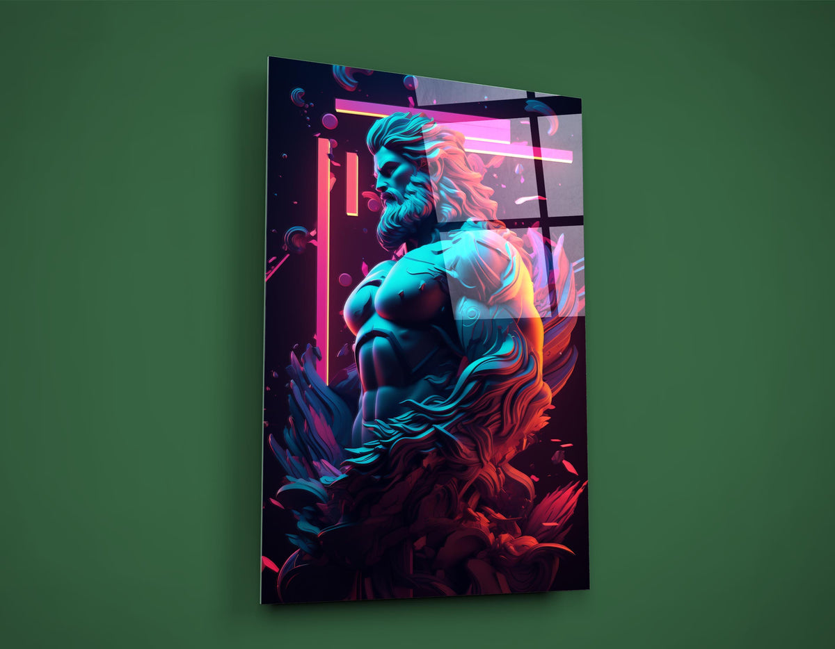 Neon Zeus Statue Glass Wall Art close-up