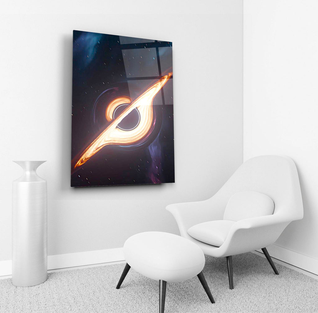 Glowing Black Hole Galaxy Glass Wall Art in a living room interior