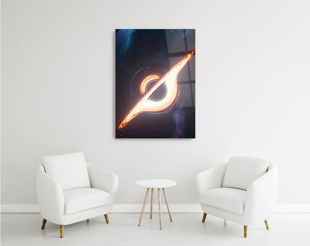 Glowing Black Hole Galaxy Glass Wall Art in a modern interior