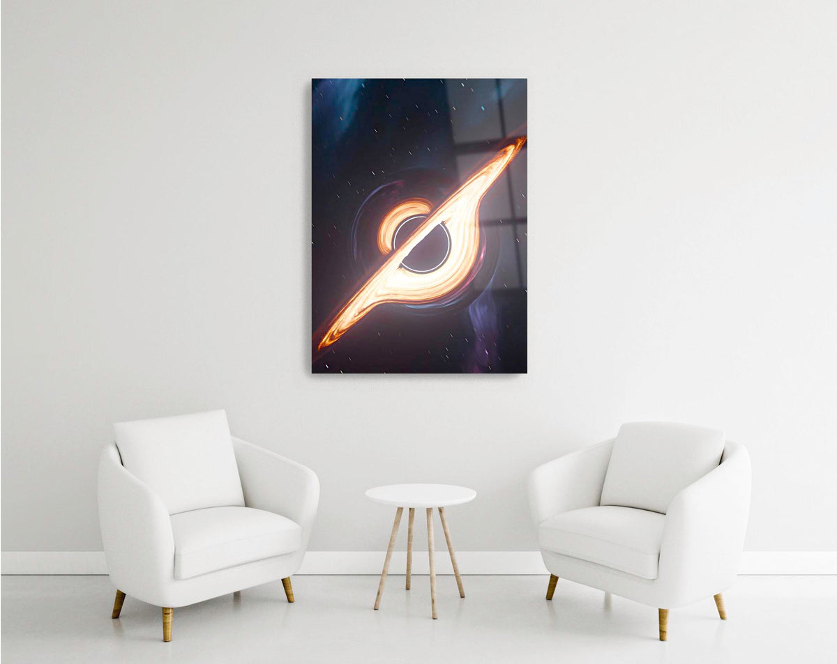 Glowing Black Hole Galaxy Glass Wall Art in a modern interior