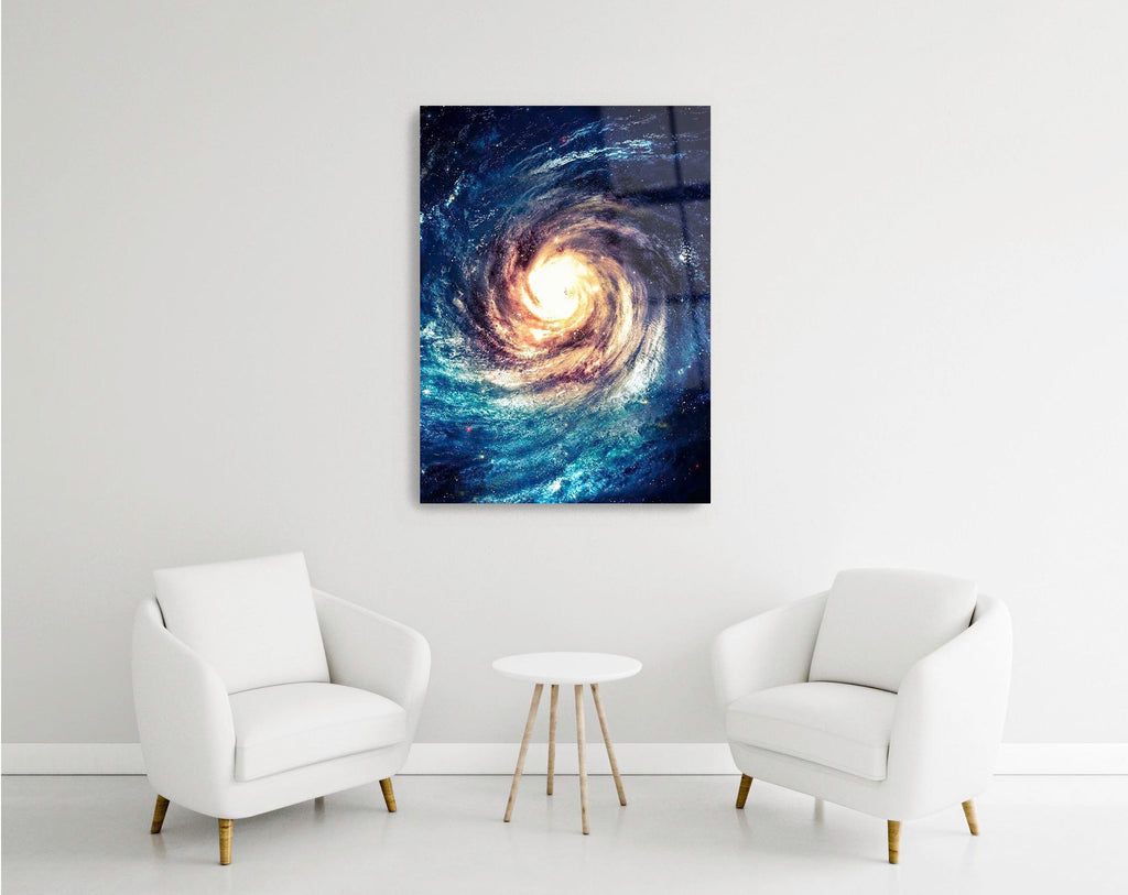 Spiral Galaxy Blue and Gold Glass Wall Art in a modern interior