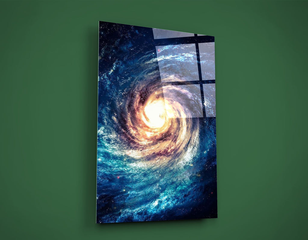 Spiral Galaxy Blue and Gold Glass Wall Art on the wall