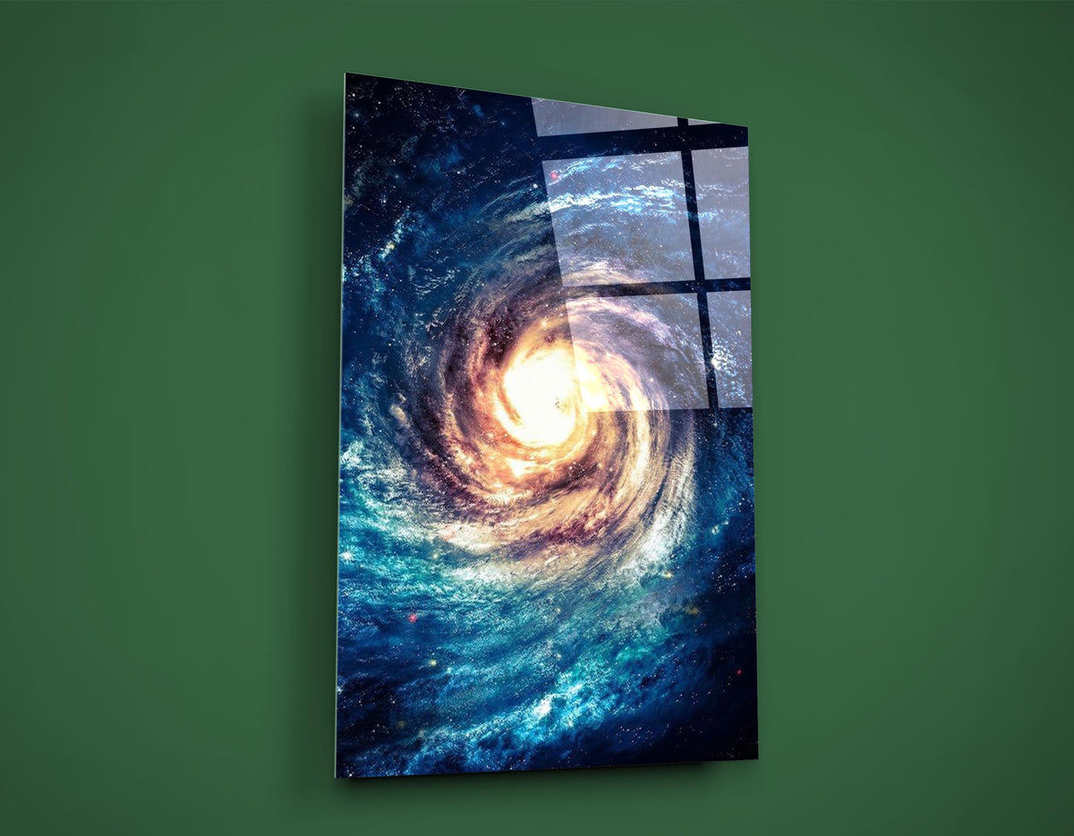 Spiral Galaxy Blue and Gold Glass Wall Art on the wall