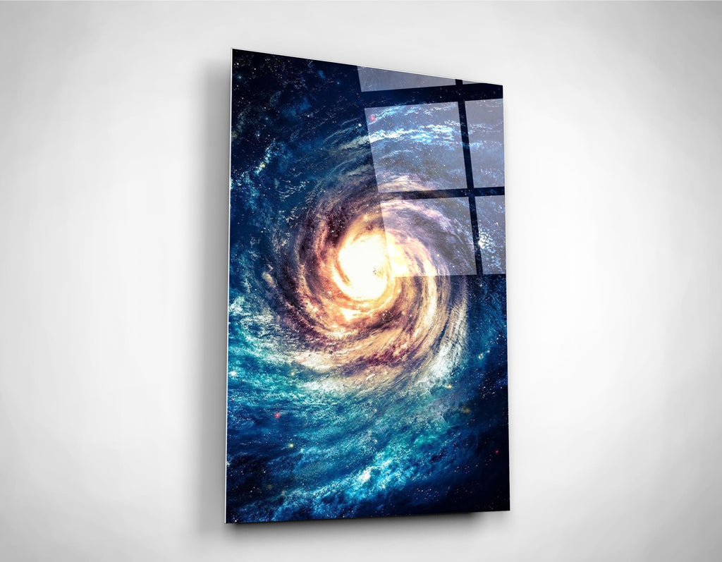 Spiral Galaxy Blue and Gold Glass Wall Art close-up