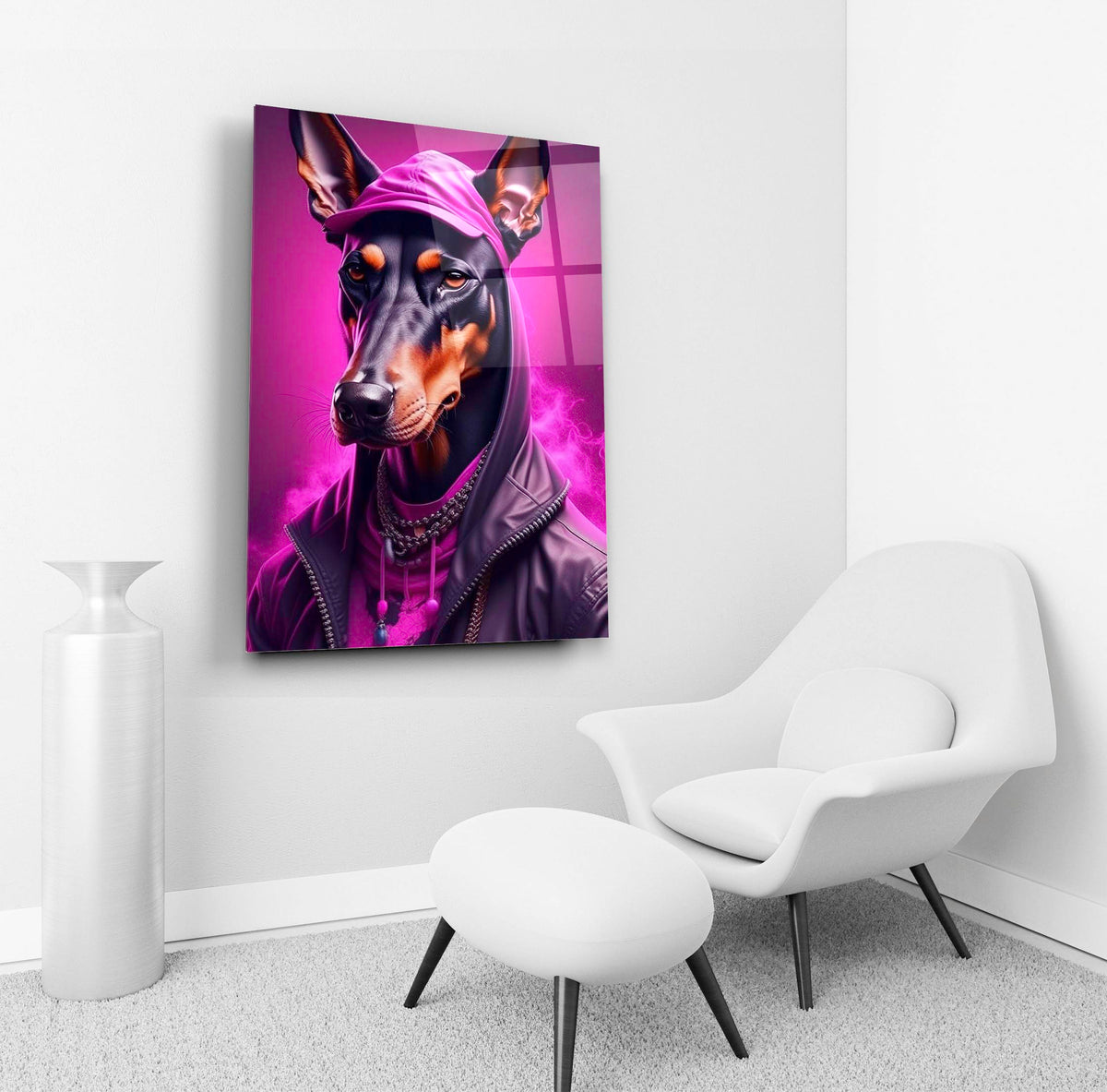 Doberman in Pink Hoodie Glass Wall Art in a living room interior