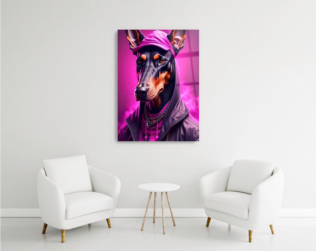 Doberman in Pink Hoodie Glass Wall Art in a modern interior