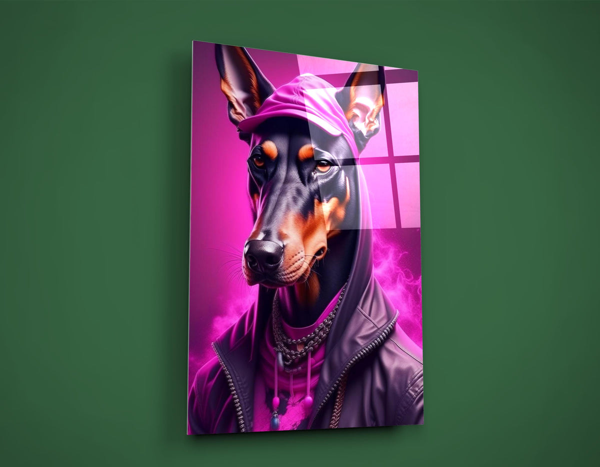 Doberman in Pink Hoodie Glass Wall Art on the wall