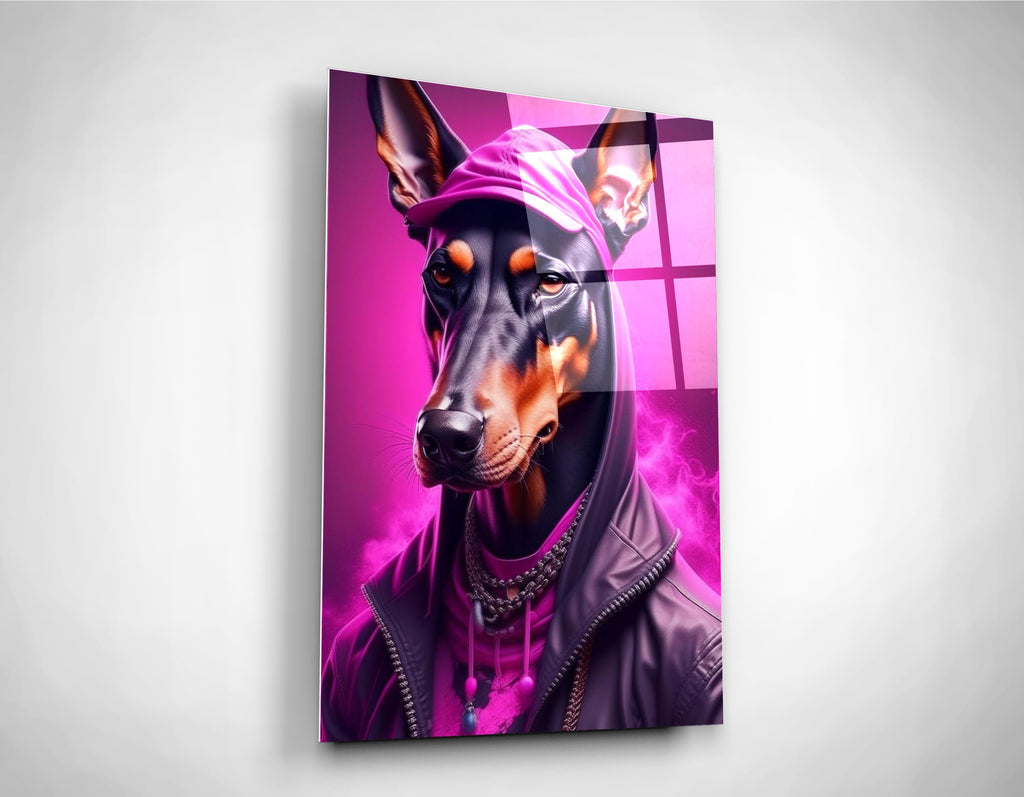 Doberman in Pink Hoodie Glass Wall Art close-up
