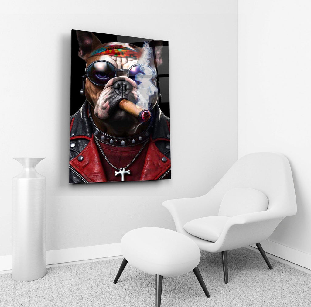Biker Bulldog With Cigar Glass Wall Art in a living room interior