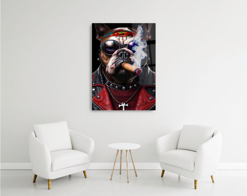 Biker Bulldog With Cigar Glass Wall Art in a modern interior