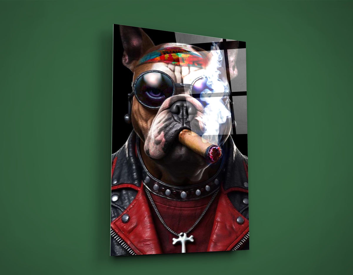 Biker Bulldog With Cigar Glass Wall Art on the wall