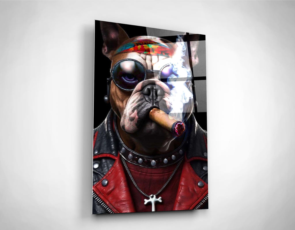 Biker Bulldog With Cigar Glass Wall Art close-up