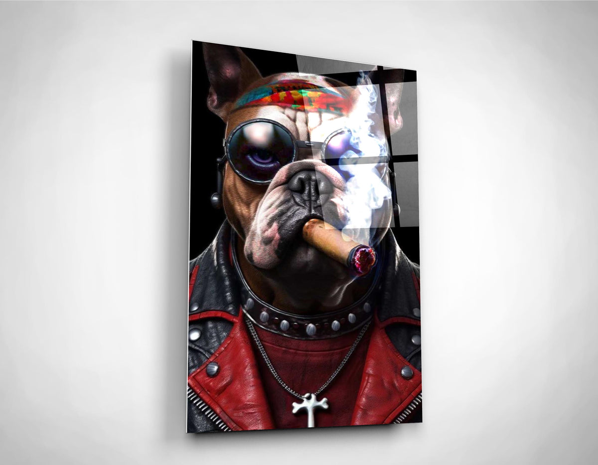 Biker Bulldog With Cigar Glass Wall Art close-up