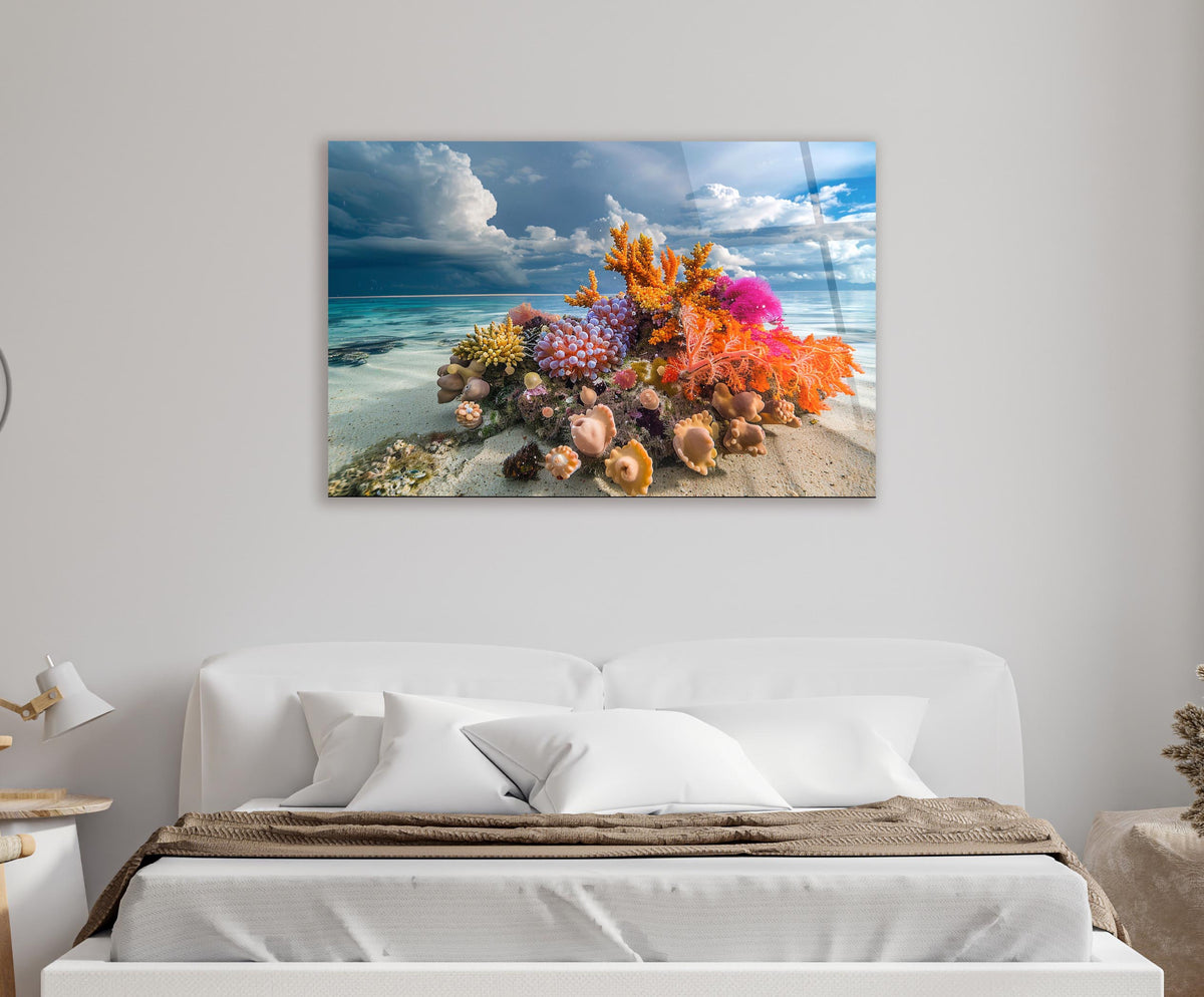 Tropical Coral Reef Beach Glass Wall Art in a living room interior