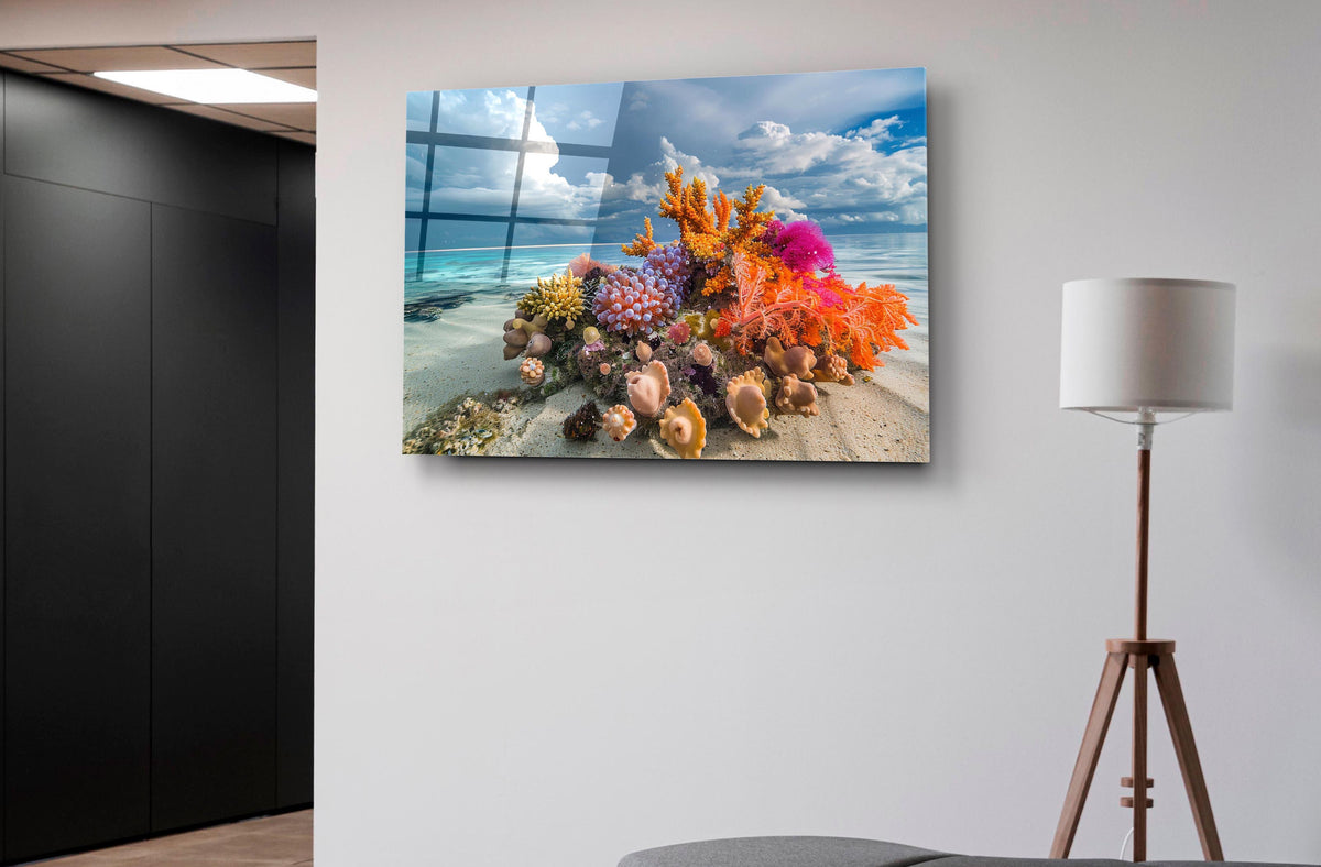 Tropical Coral Reef Beach Glass Wall Art on the wall