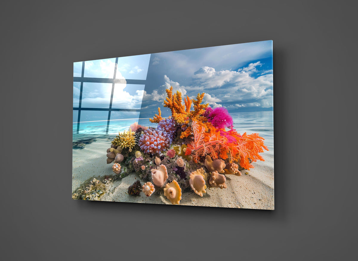 Tropical Coral Reef Beach Glass Wall Art close-up