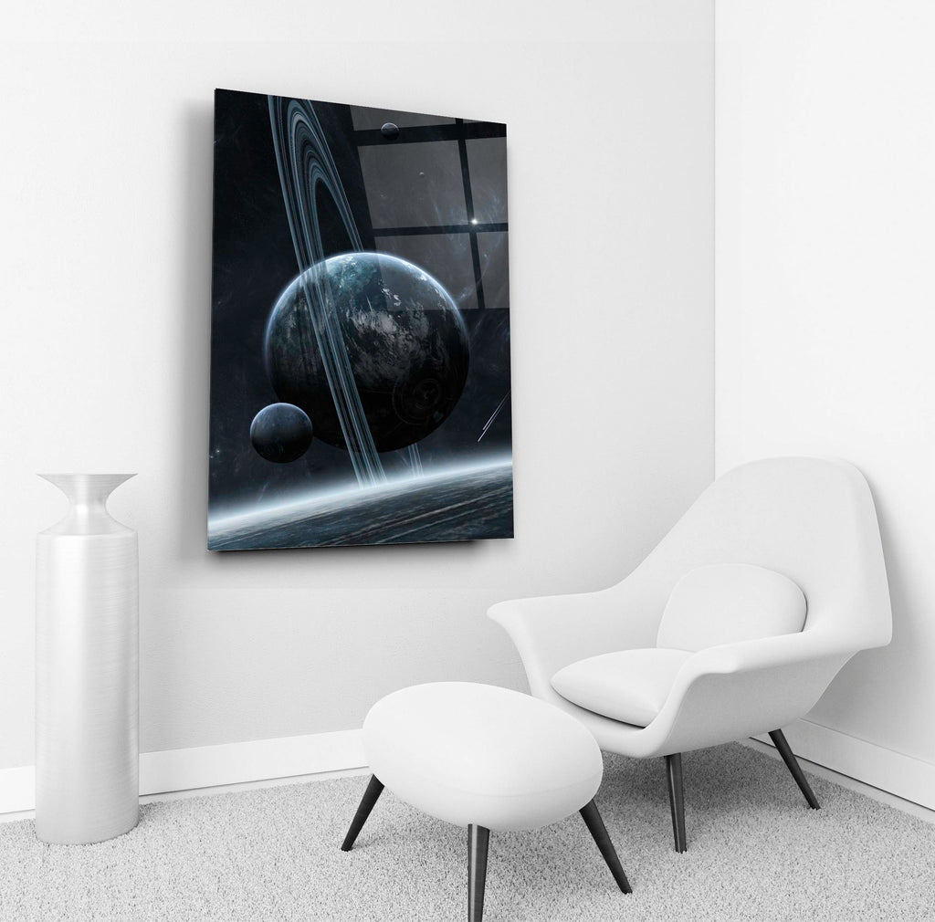 Ringed Planet and Moon Space Glass Wall Art in a living room interior