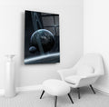 Ringed Planet and Moon Space Glass Wall Art in a living room interior