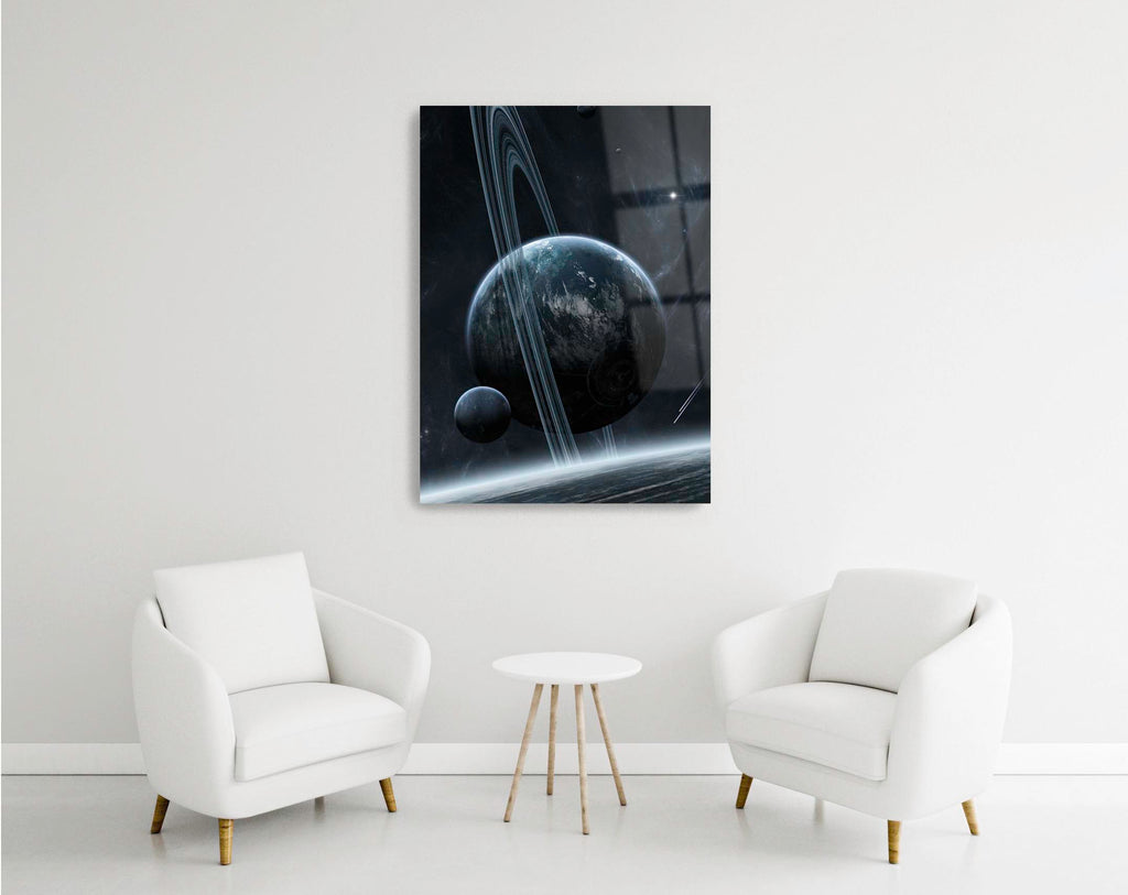 Ringed Planet and Moon Space Glass Wall Art in a modern interior