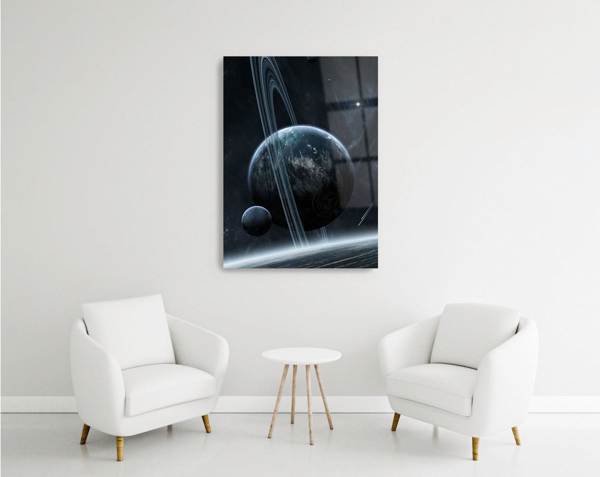 Ringed Planet and Moon Space Glass Wall Art in a modern interior