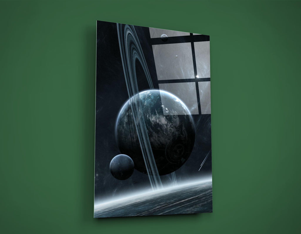 Ringed Planet and Moon Space Glass Wall Art on the wall