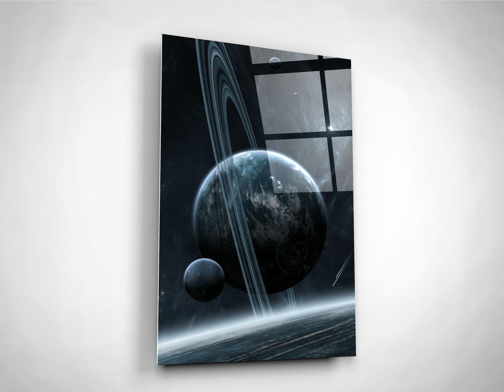 Ringed Planet and Moon Space Glass Wall Art close-up
