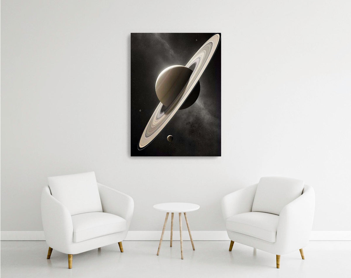 Saturn Rings Monochrome Glass Wall Art in a modern interior