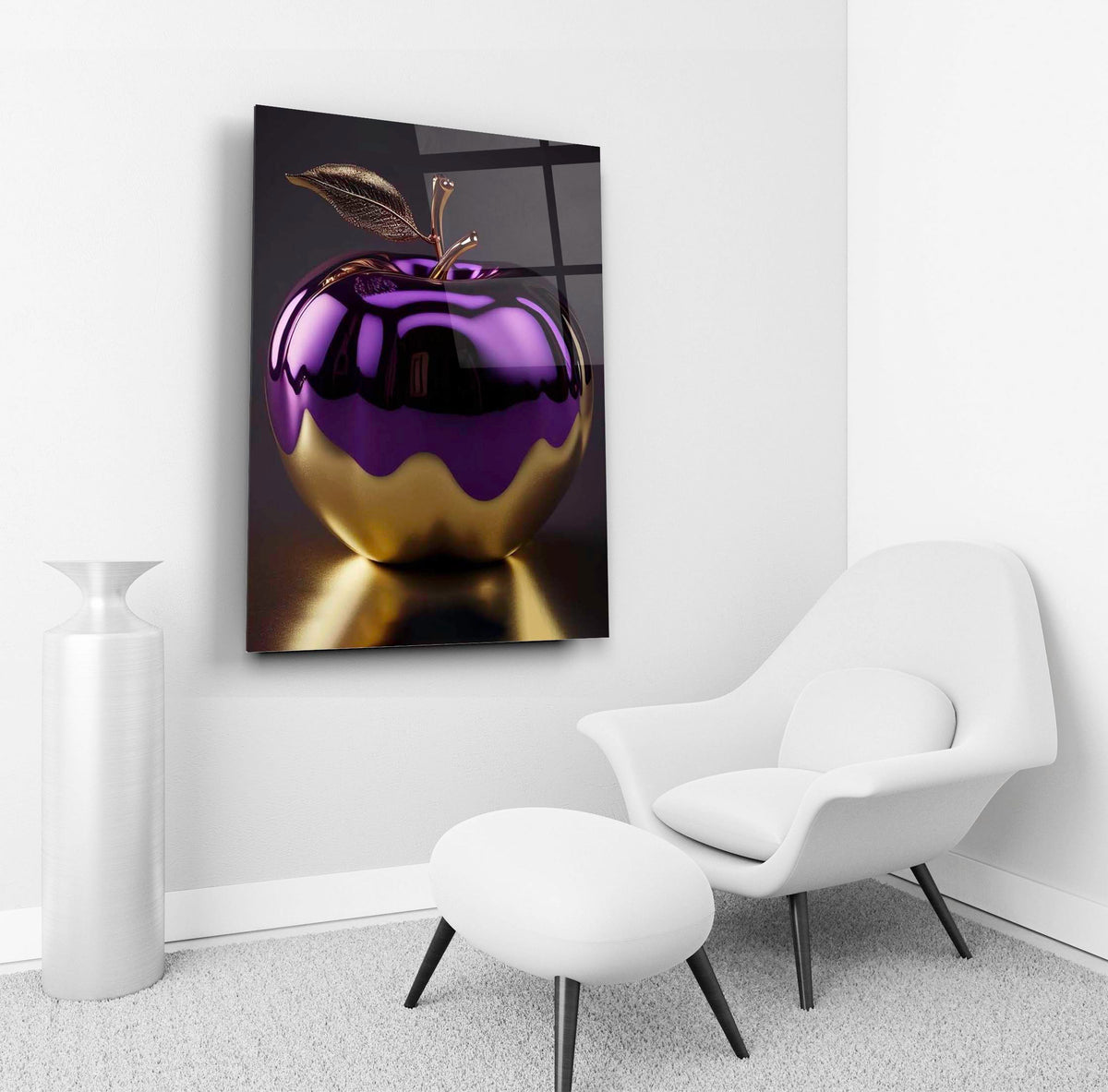 Purple and Gold Apple Glass Wall Art in a living room interior