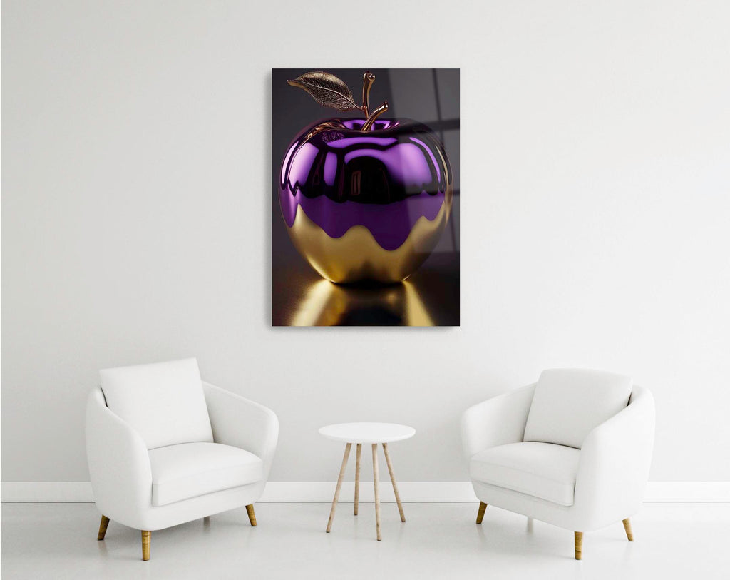 Purple and Gold Apple Glass Wall Art in a modern interior