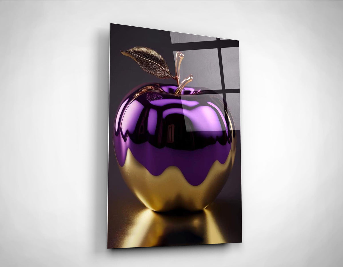 Purple and Gold Apple Glass Wall Art on the wall