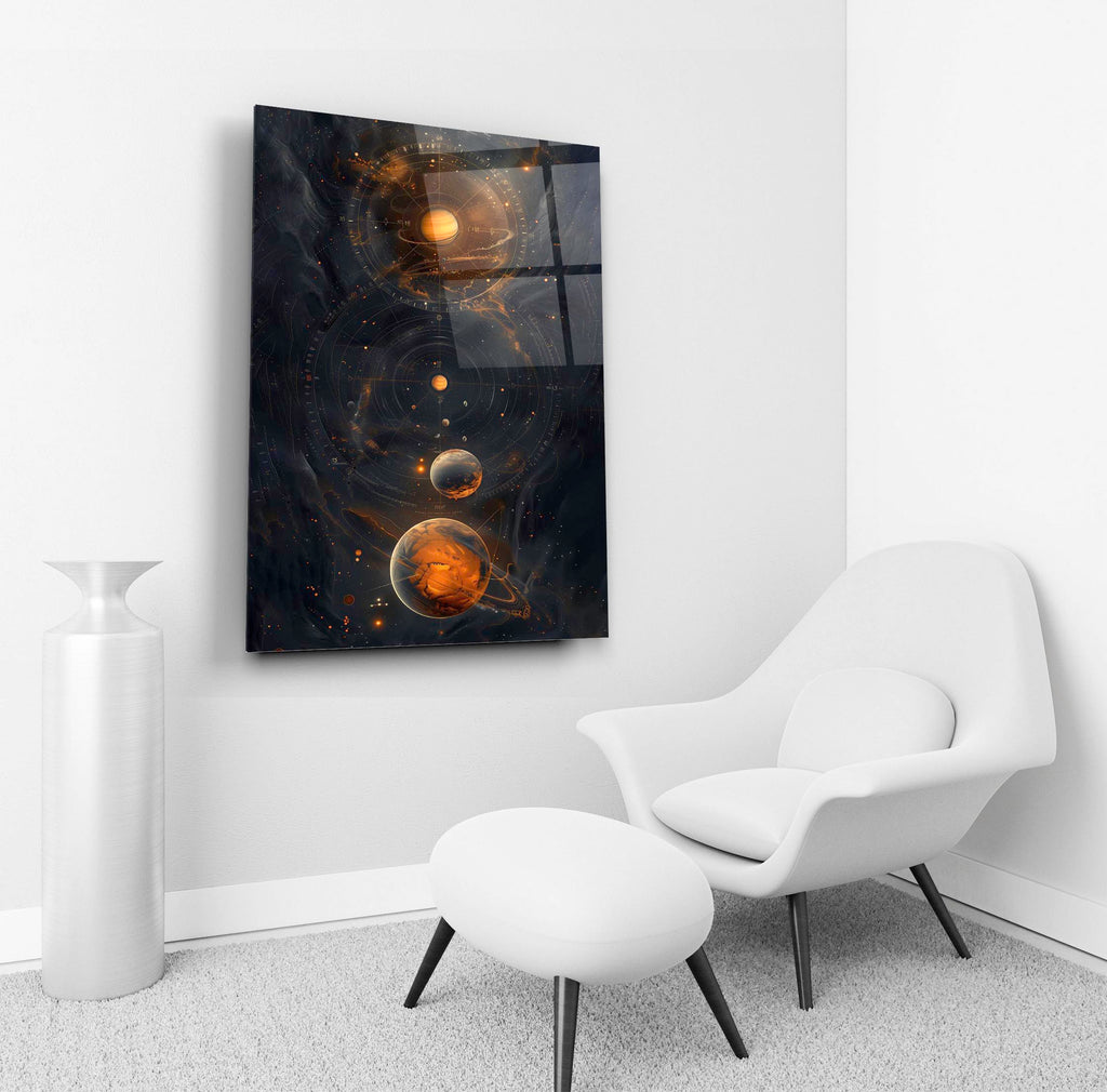 Cosmic Orange Planets Abstract Glass Wall Art in a living room interior