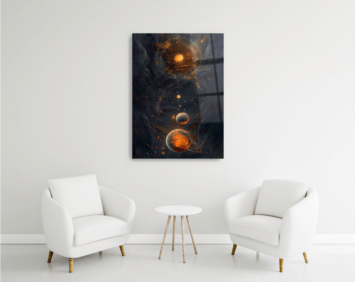 Cosmic Orange Planets Abstract Glass Wall Art in a modern interior